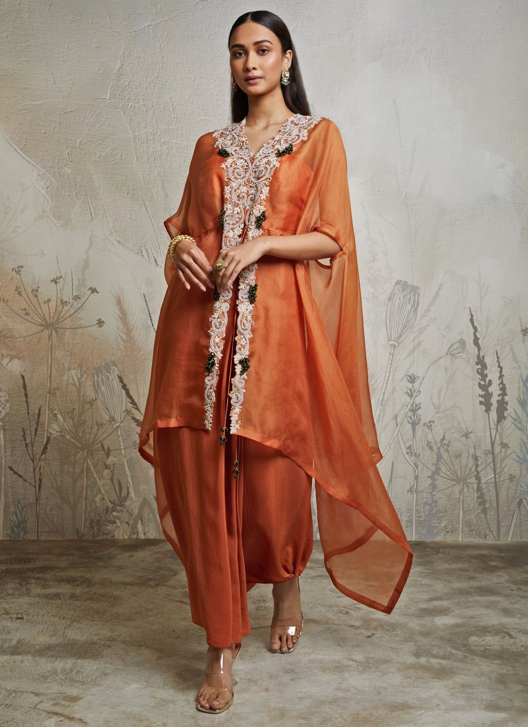 Rust Orange Organza Jacket Pants Set