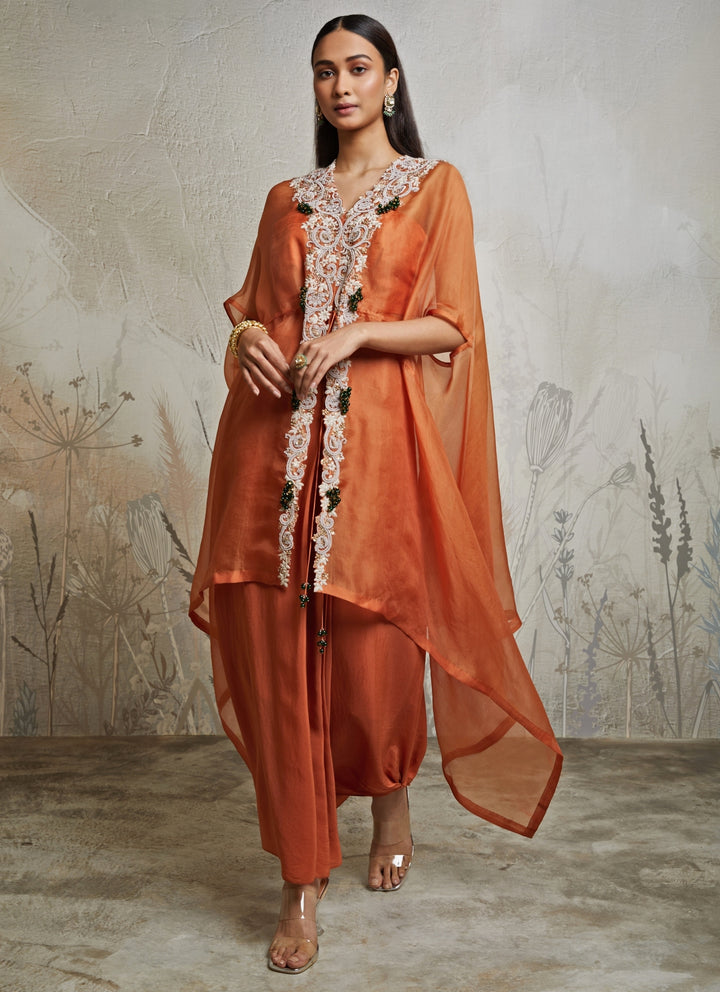 Rust Orange Organza Jacket Pants Set