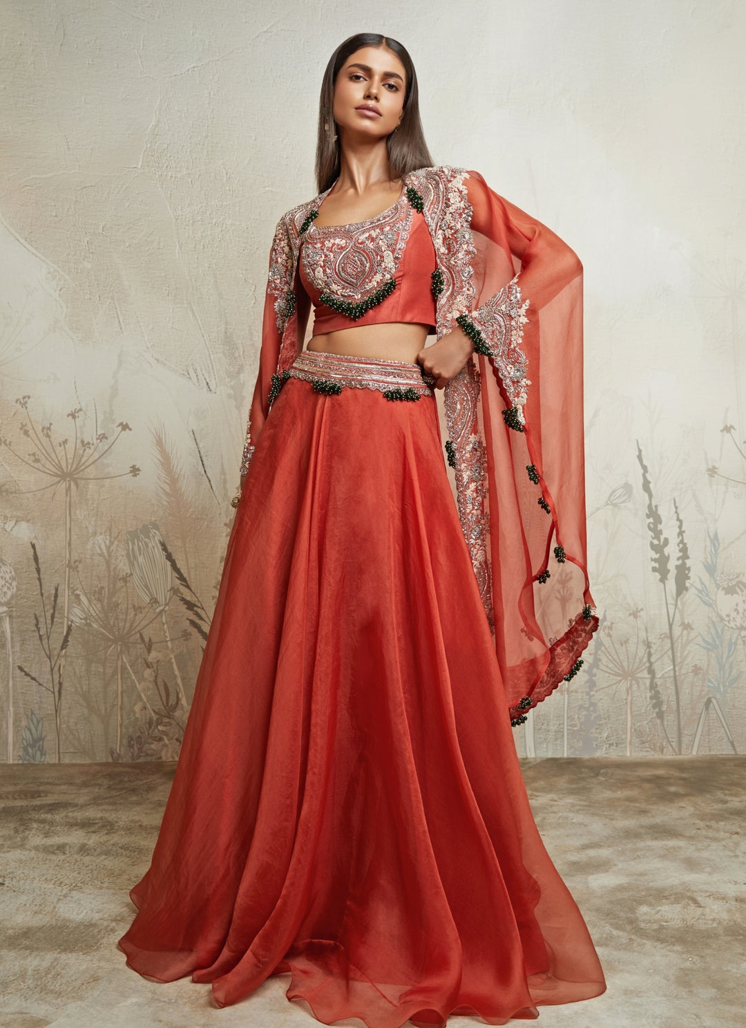 Deep Orange Organza Lehenga Set With Cape