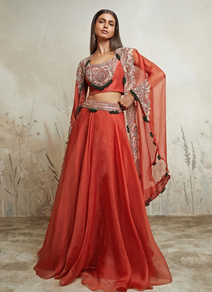 Deep Orange Organza Lehenga Set With Cape