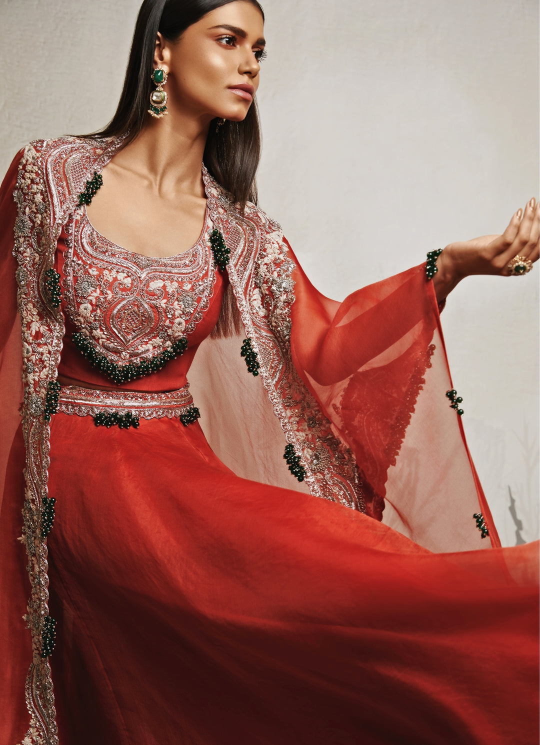 Deep Orange Organza Lehenga Set With Cape