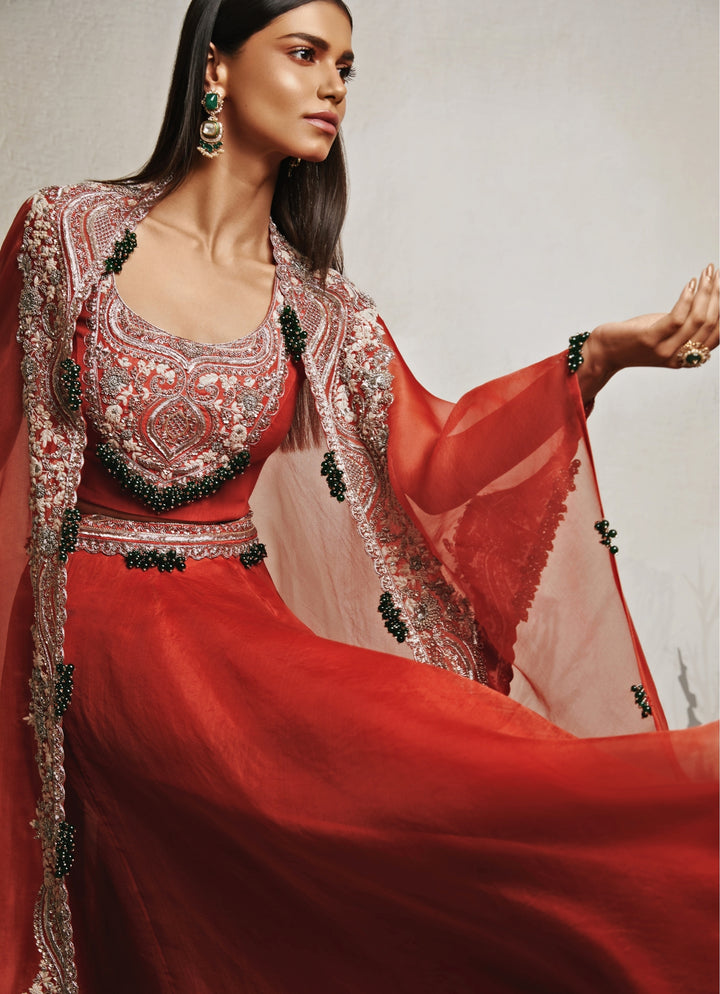 Deep Orange Organza Lehenga Set With Cape