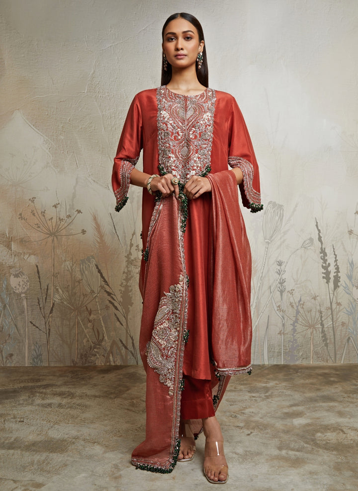Deep Orange Silk Kurta Pants Set