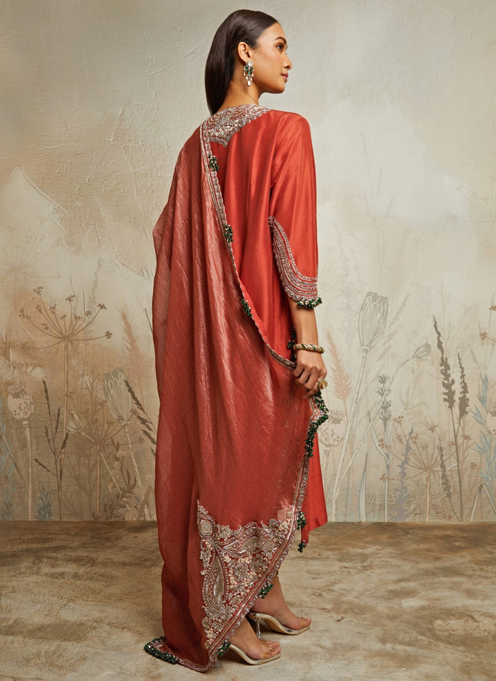 Deep Orange Silk Kurta Pants Set
