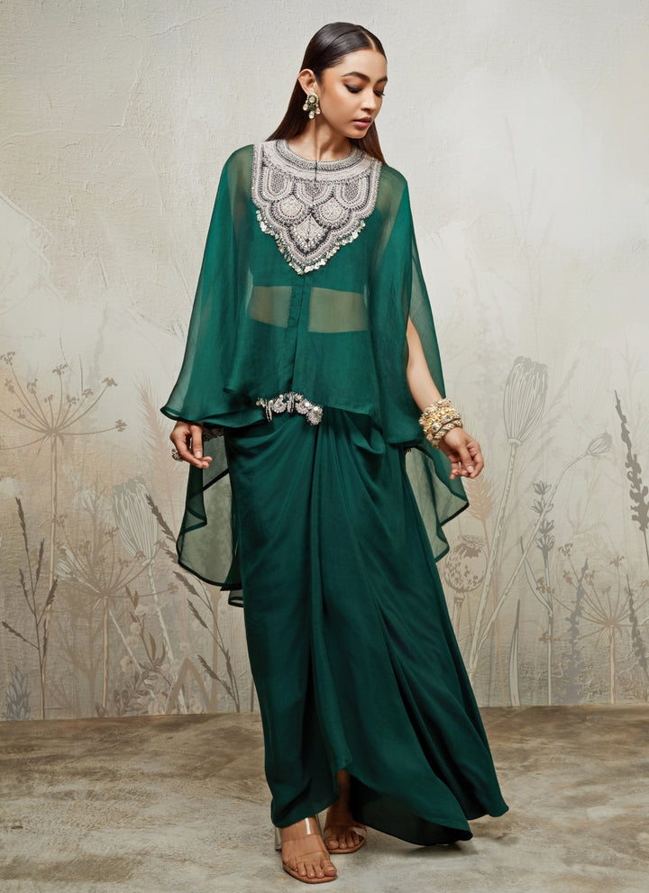 Emerald Green Satin Drape Skirt Set With Kaftan