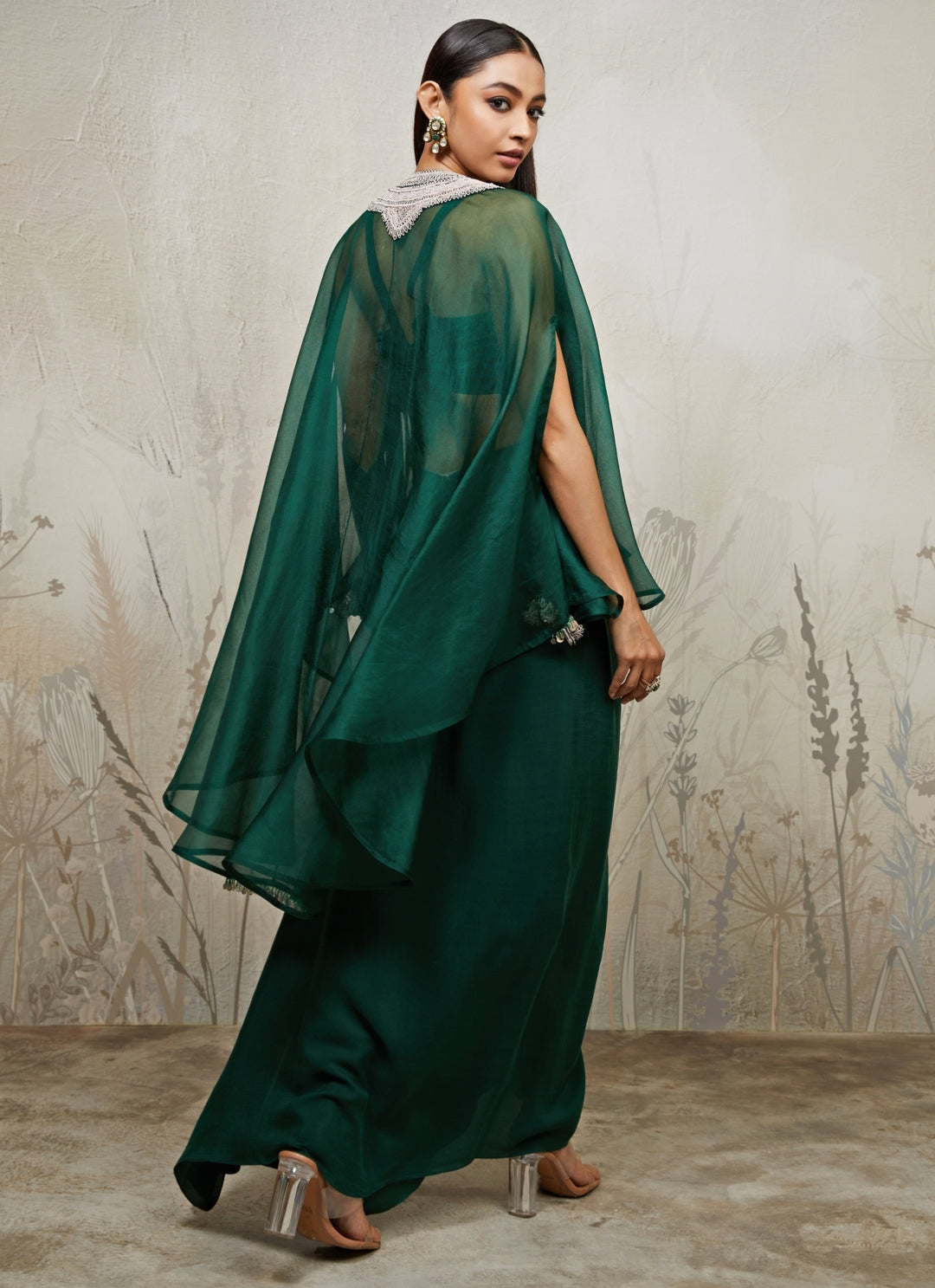 Emerald Green Satin Drape Skirt Set With Kaftan