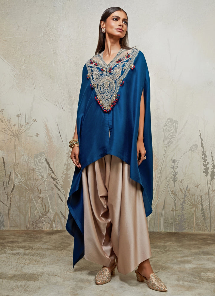 Blue And Beige Silk Kaftan Pants Set