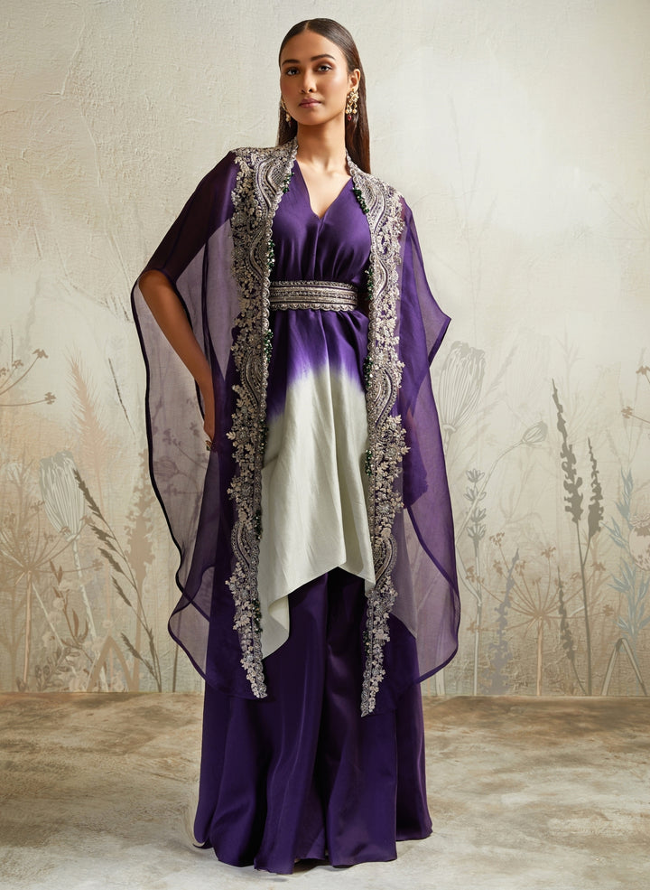 Purple Ombre Silk Kurta Pants Set With Cape