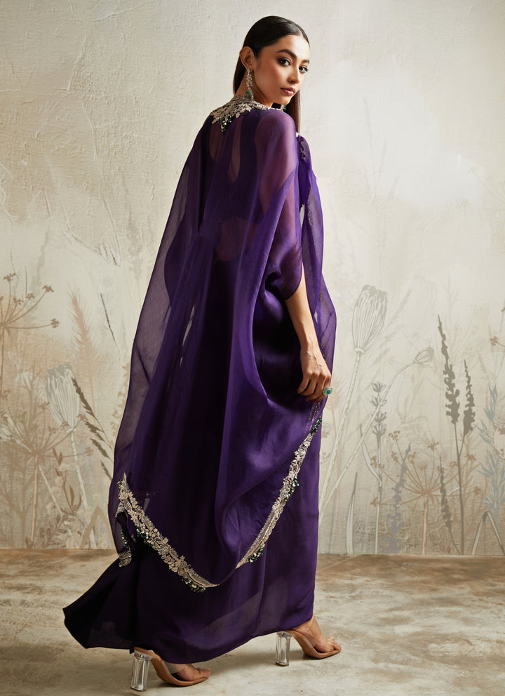 Purple Crepe Drape Skirt Set With Cape