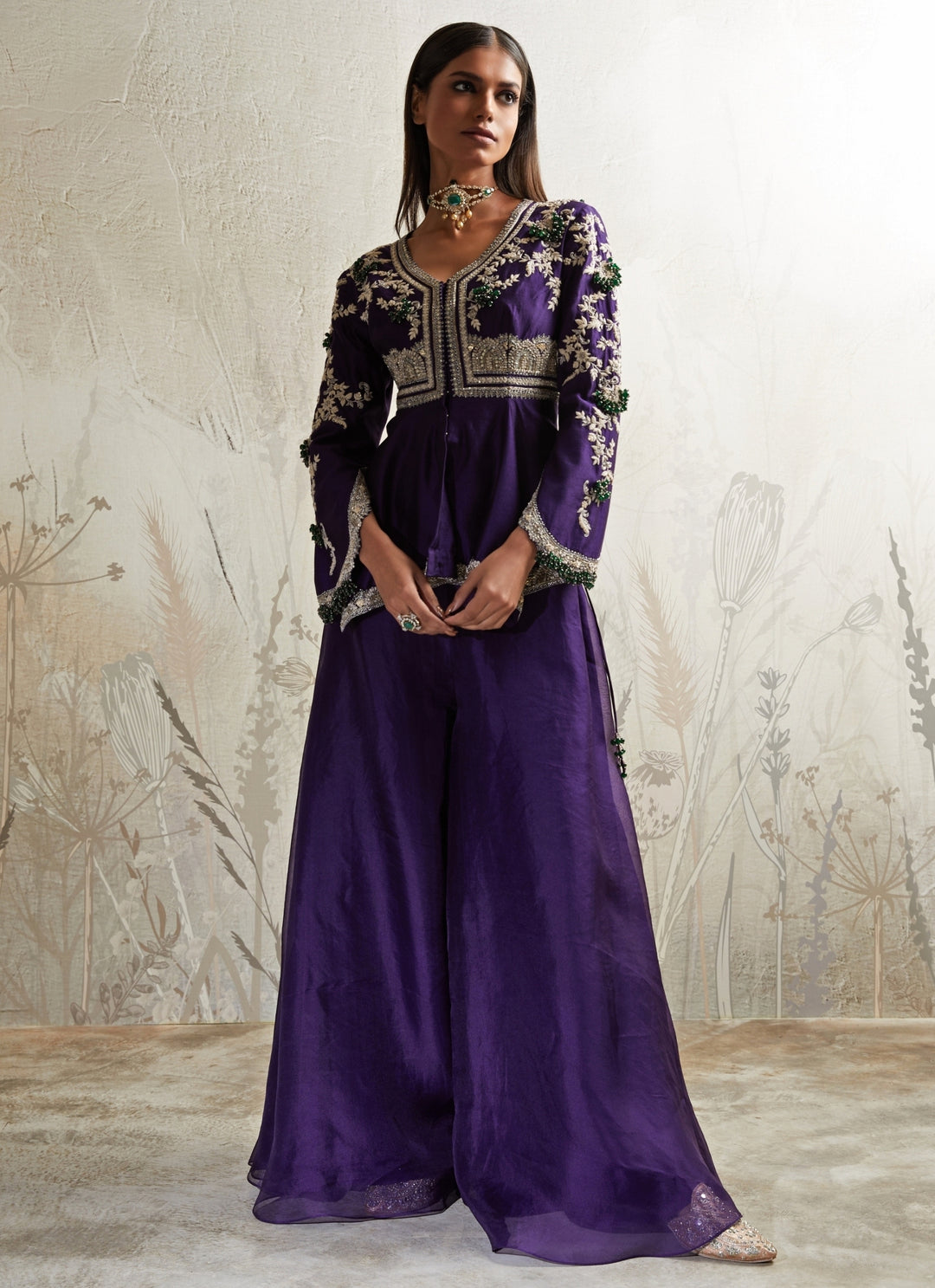 Purple Silk Peplum Kurta Sharara Set
