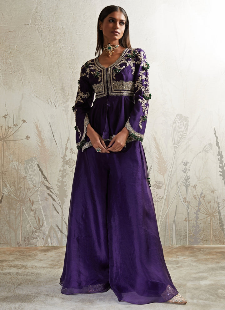 Purple Silk Peplum Kurta Sharara Set