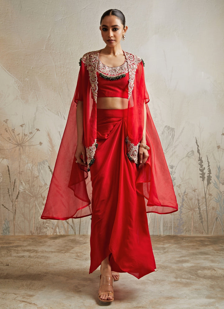 Red Crepe Drape Skirt Set With Jacket