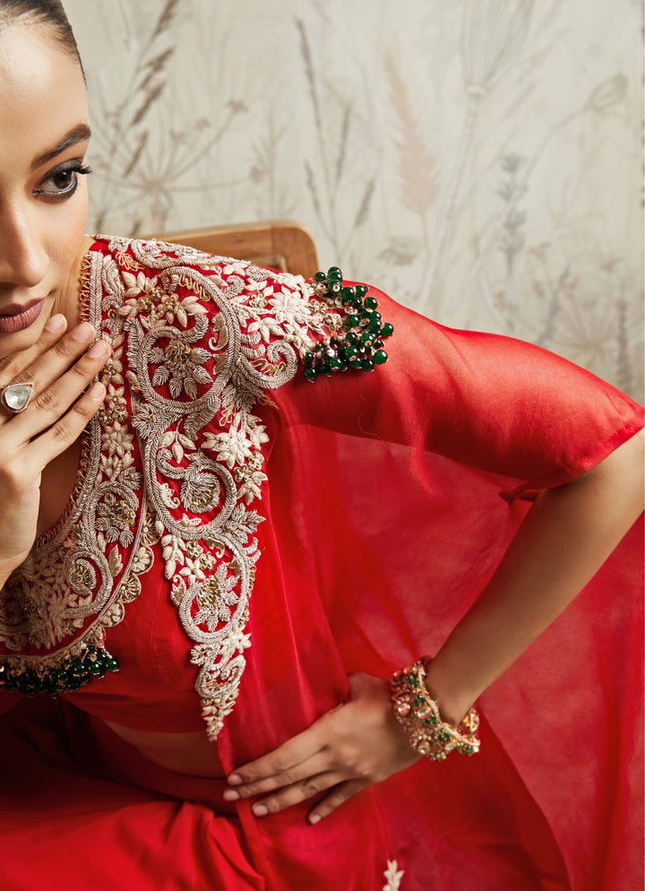 Red Crepe Drape Skirt Set With Jacket