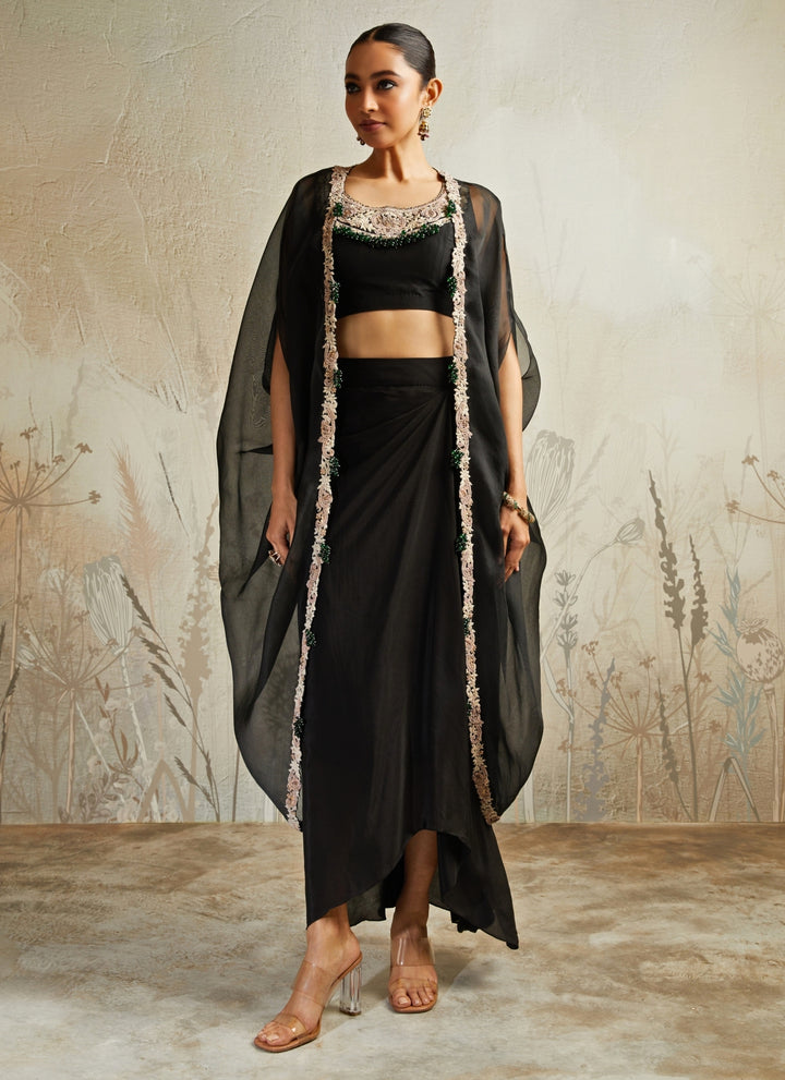 Black Crepe Drape Skirt Set With Jacket