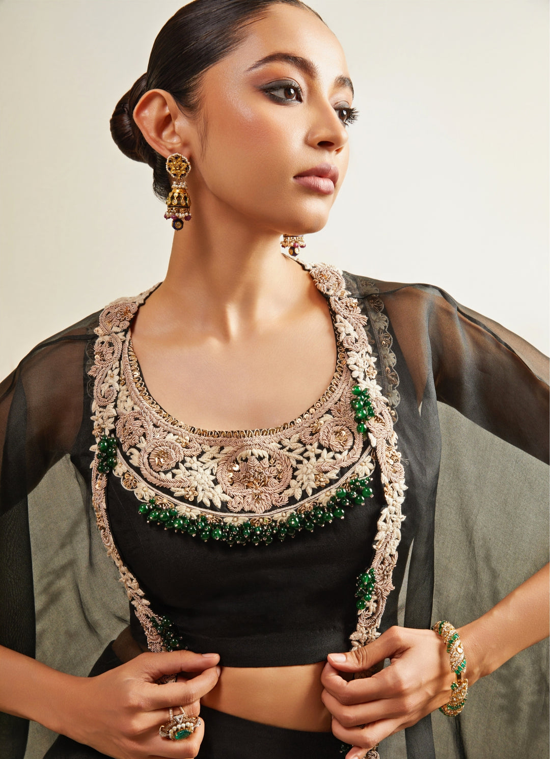 Black Crepe Drape Skirt Set With Jacket