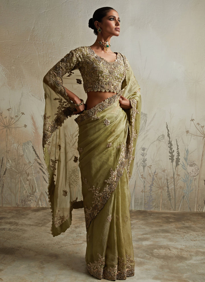 Sea Green Embroidered Tissue Saree