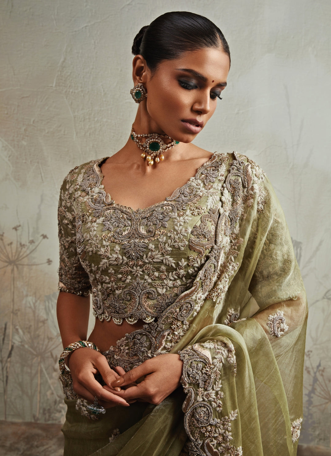 Sea Green Embroidered Tissue Saree