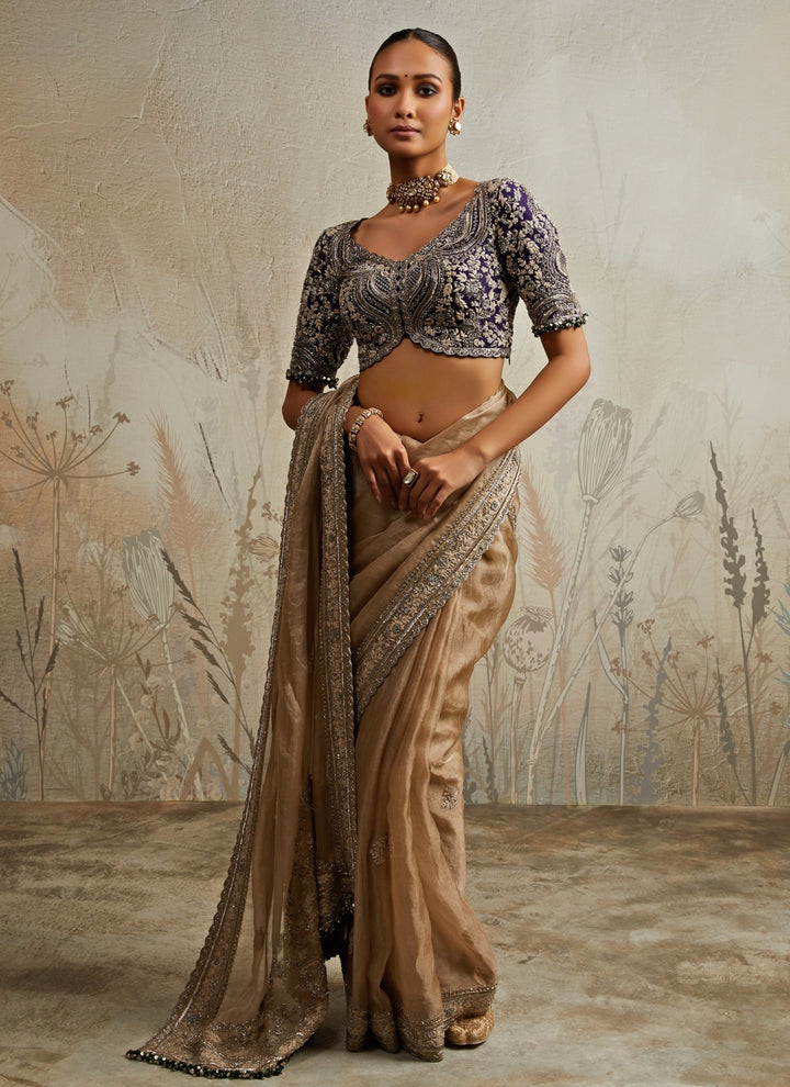 Gold And Blue Embroidered Tissue Saree