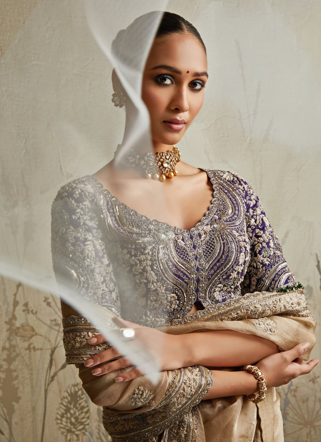 Gold And Blue Embroidered Tissue Saree