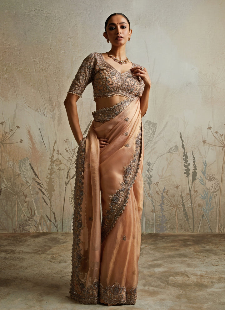 Peach Embroidered Tissue Saree