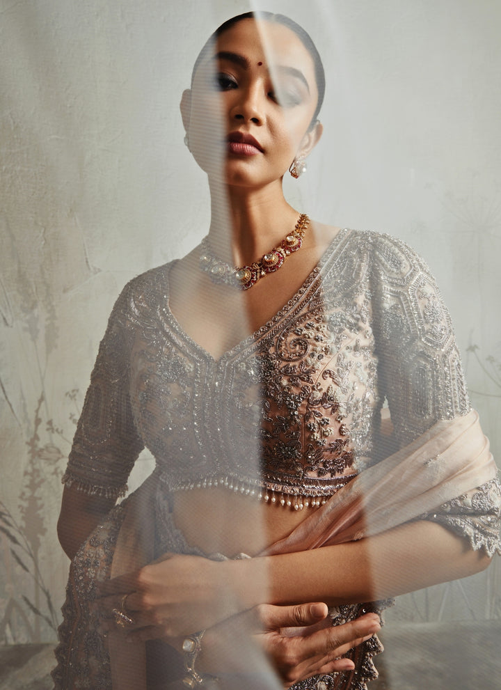 Peach Embroidered Tissue Saree