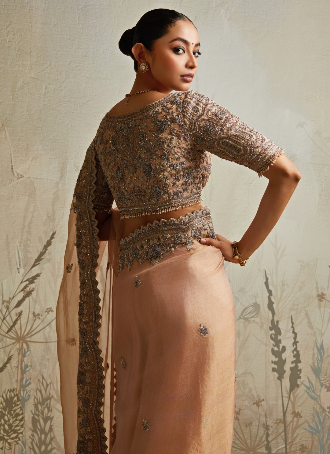 Peach Embroidered Tissue Saree