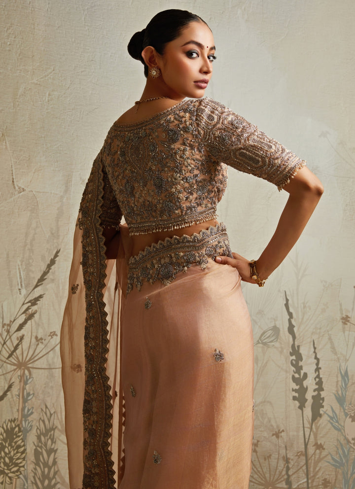 Peach Embroidered Tissue Saree