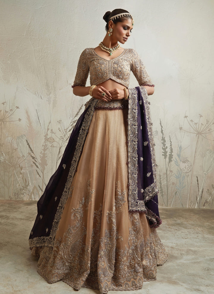 Gold Embroidered Tissue Lehenga Set With Purple Dupatta