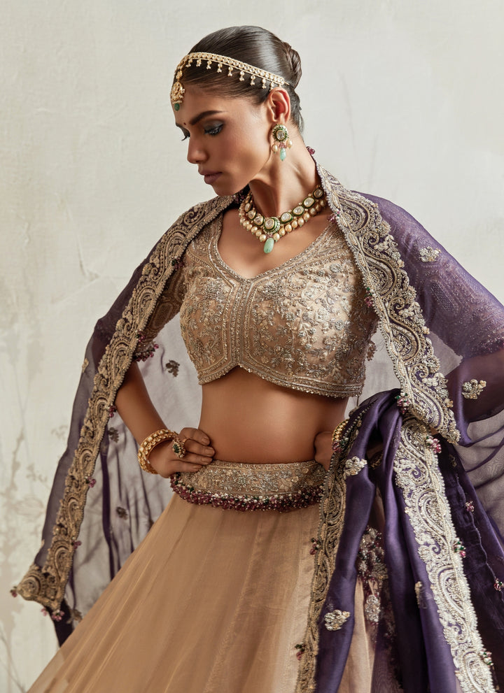 Gold Embroidered Tissue Lehenga Set With Purple Dupatta