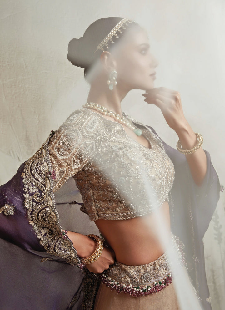 Gold Embroidered Tissue Lehenga Set With Purple Dupatta