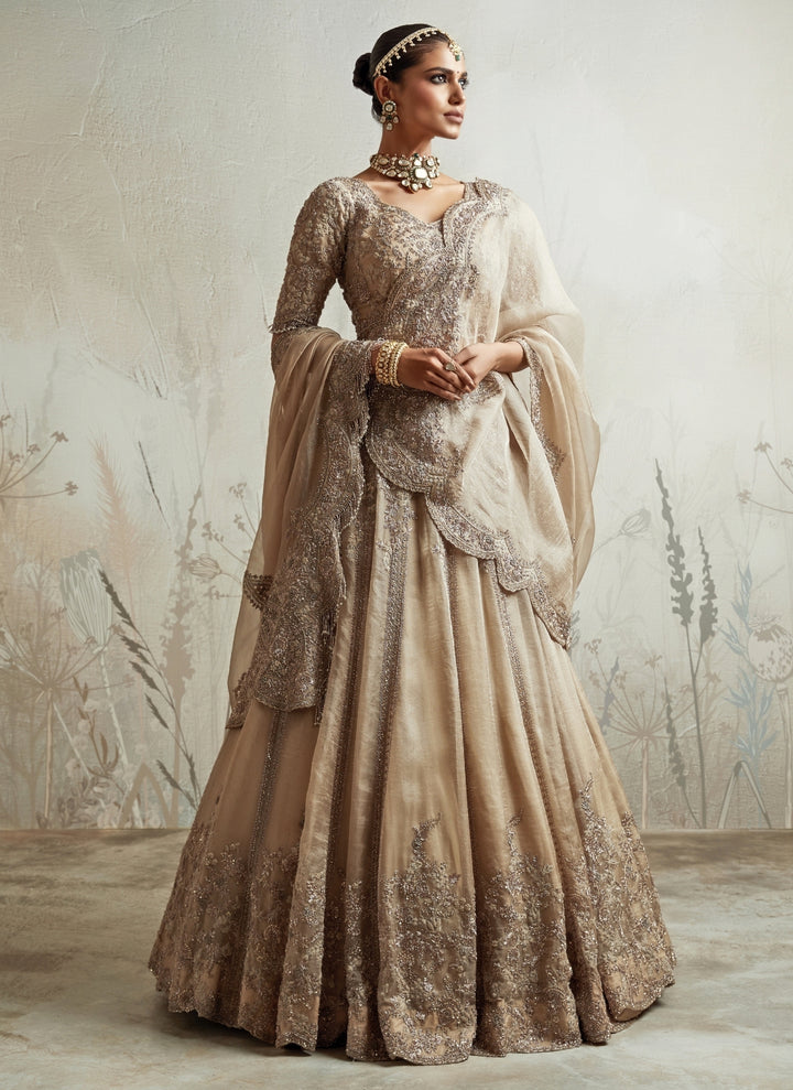 Beige Embroidered Tissue Lehenga Set