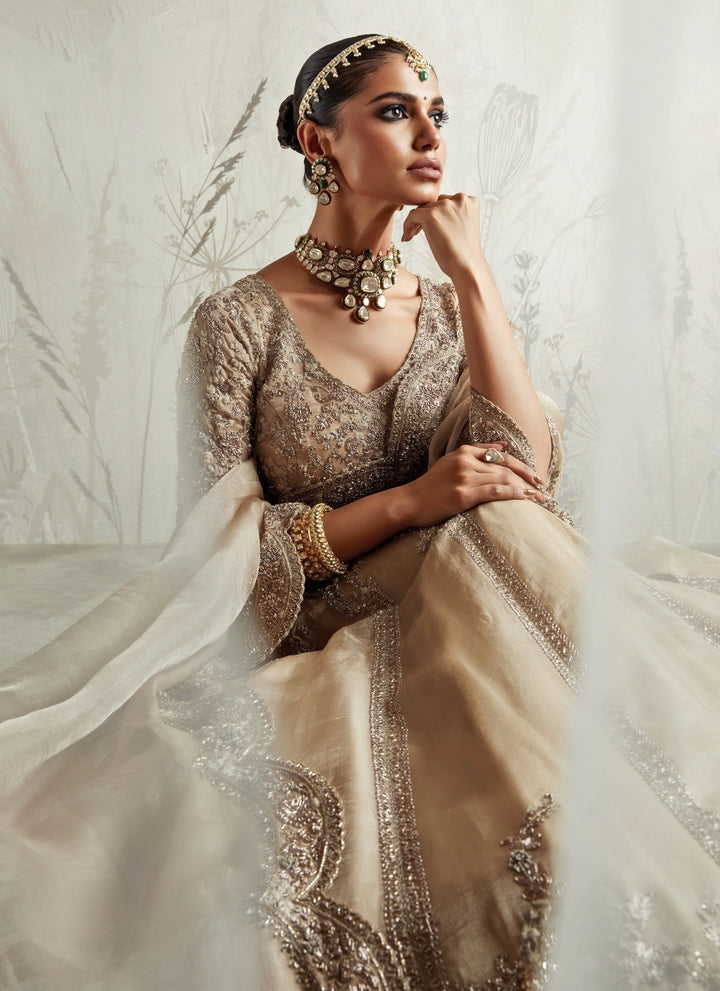 Beige Embroidered Tissue Lehenga Set