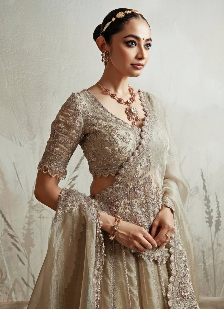 Sage Green Embroidered Tissue Lehenga Set