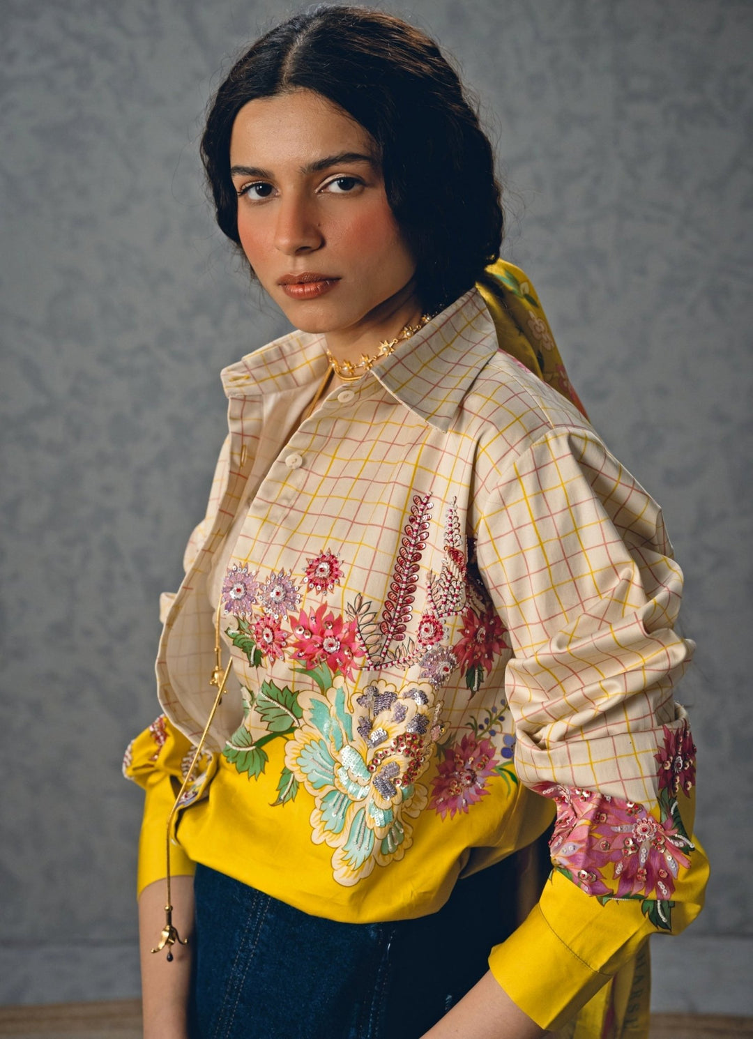 Abstract Floral Satin Checked Shirt Paulmi and Harsh X Ease - Fabilicious Fashion