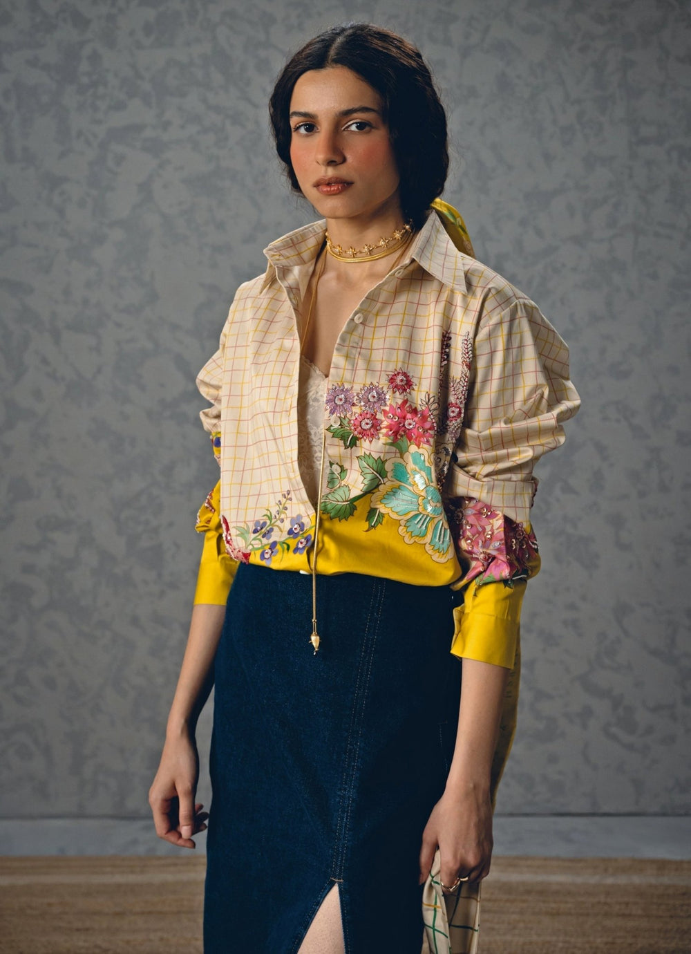 Abstract Floral Satin Checked Shirt Paulmi and Harsh X Ease - Fabilicious Fashion
