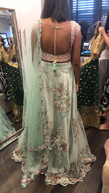 Sage Blue Green Threadwork Lehenga