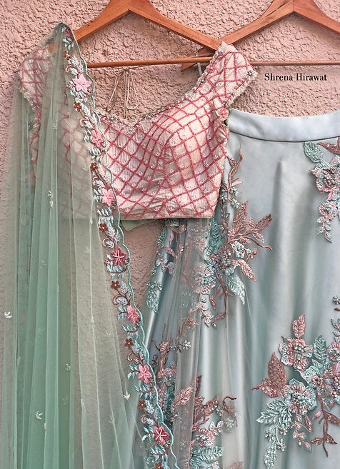 Sage Blue Green Threadwork Lehenga