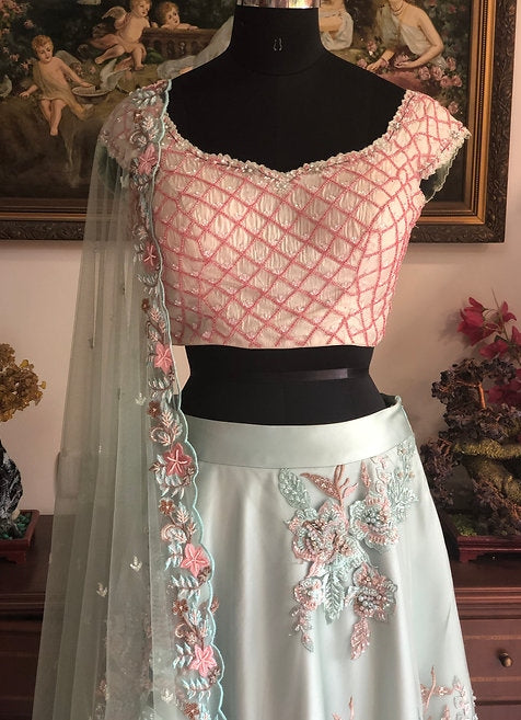 Sage Blue Green Threadwork Lehenga