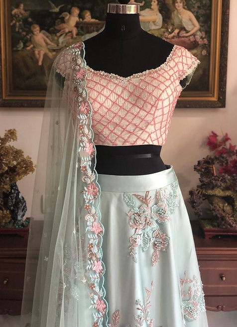 Sage Blue Green Threadwork Lehenga
