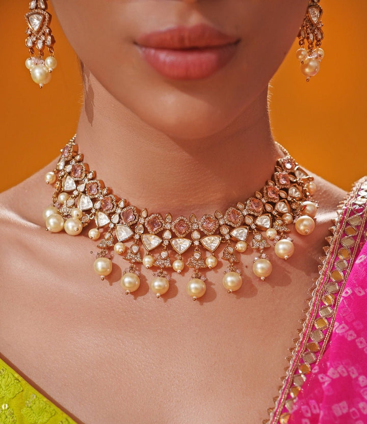 Antique Gold And Lilac Polki Two Tone Necklace Set Zevar by Geeta - Fabilicious Fashion