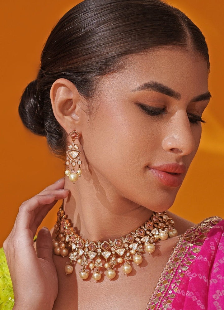 Antique Gold And Lilac Polki Two Tone Necklace Set Zevar by Geeta - Fabilicious Fashion