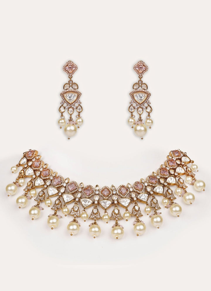 Antique Gold And Lilac Polki Two Tone Necklace Set Zevar by Geeta - Fabilicious Fashion