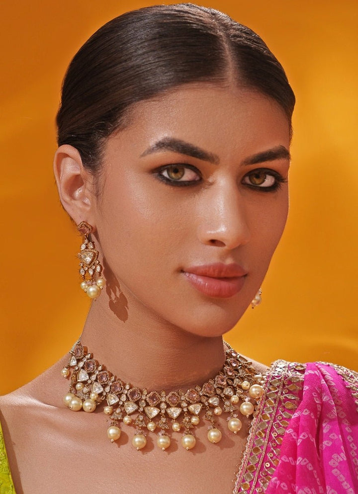 Antique Gold And Lilac Polki Two Tone Necklace Set Zevar by Geeta - Fabilicious Fashion