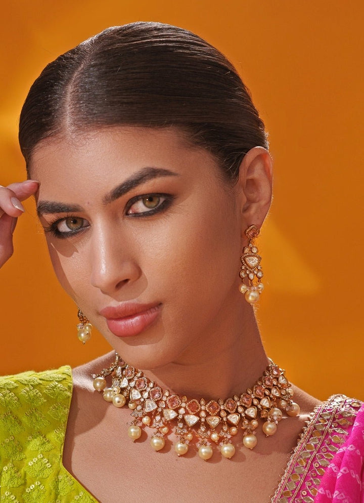 Antique Gold And Lilac Polki Two Tone Necklace Set Zevar by Geeta - Fabilicious Fashion