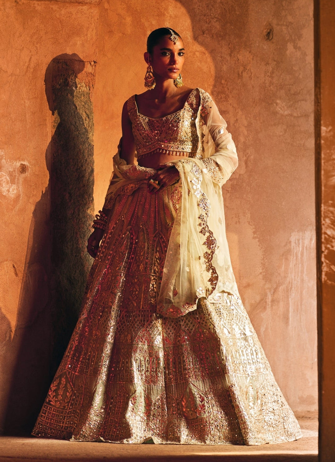 Antique Gold And Mint Green Organza Lehenga Set Angad Singh - Fabilicious Fashion