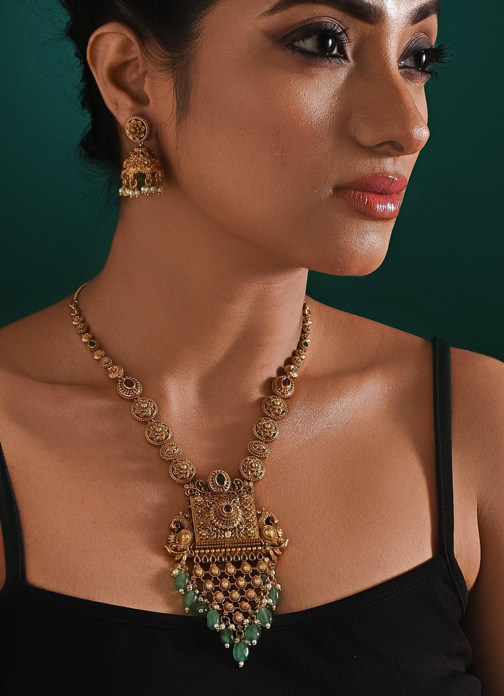 Antique Gold Plated And Green Stone Pendant Necklace Set Zaza By Somya - Fabilicious Fashion