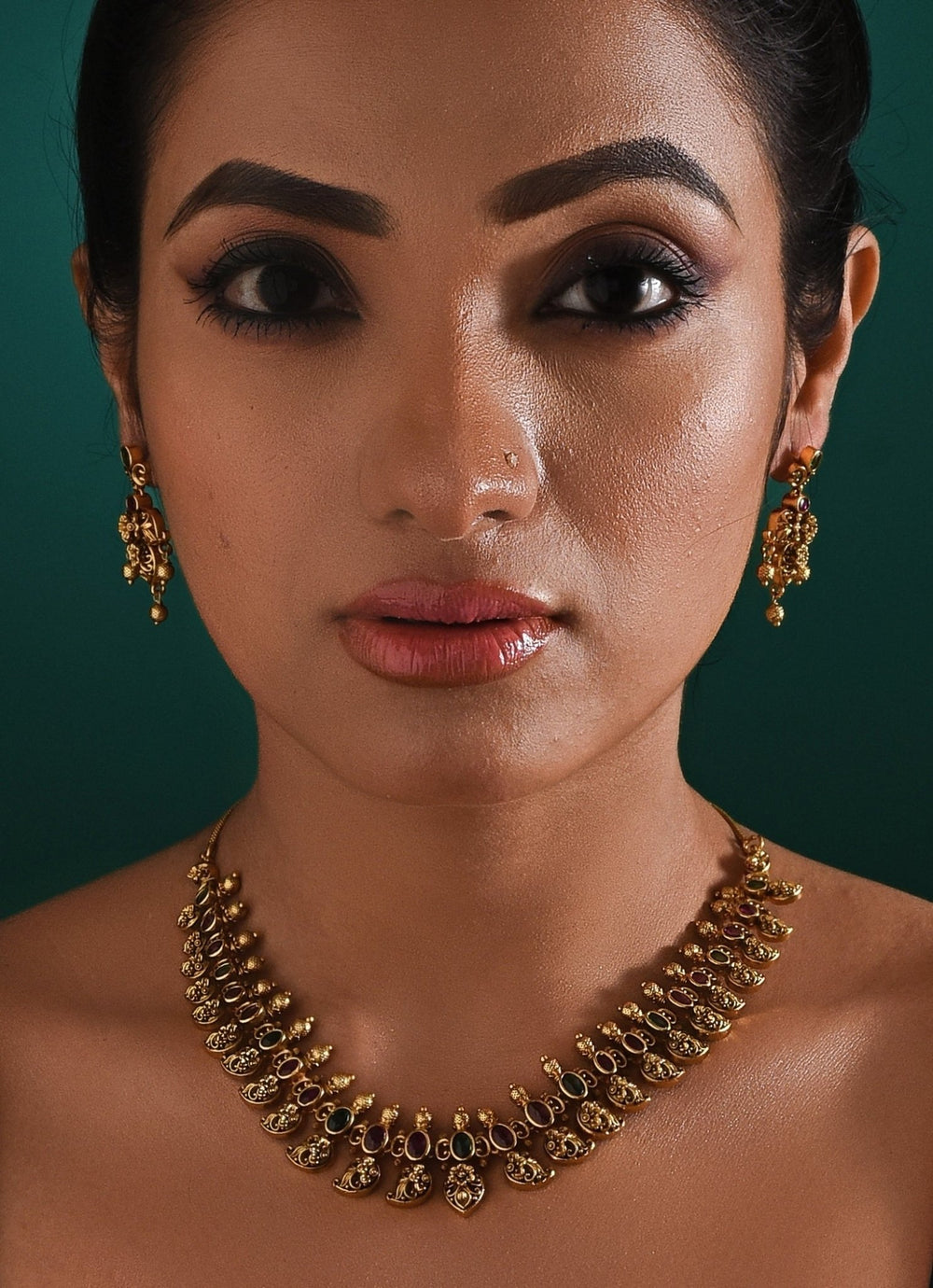 Antique Gold Plated And Multi Stone Temple Necklace Set Zaza By Somya - Fabilicious Fashion