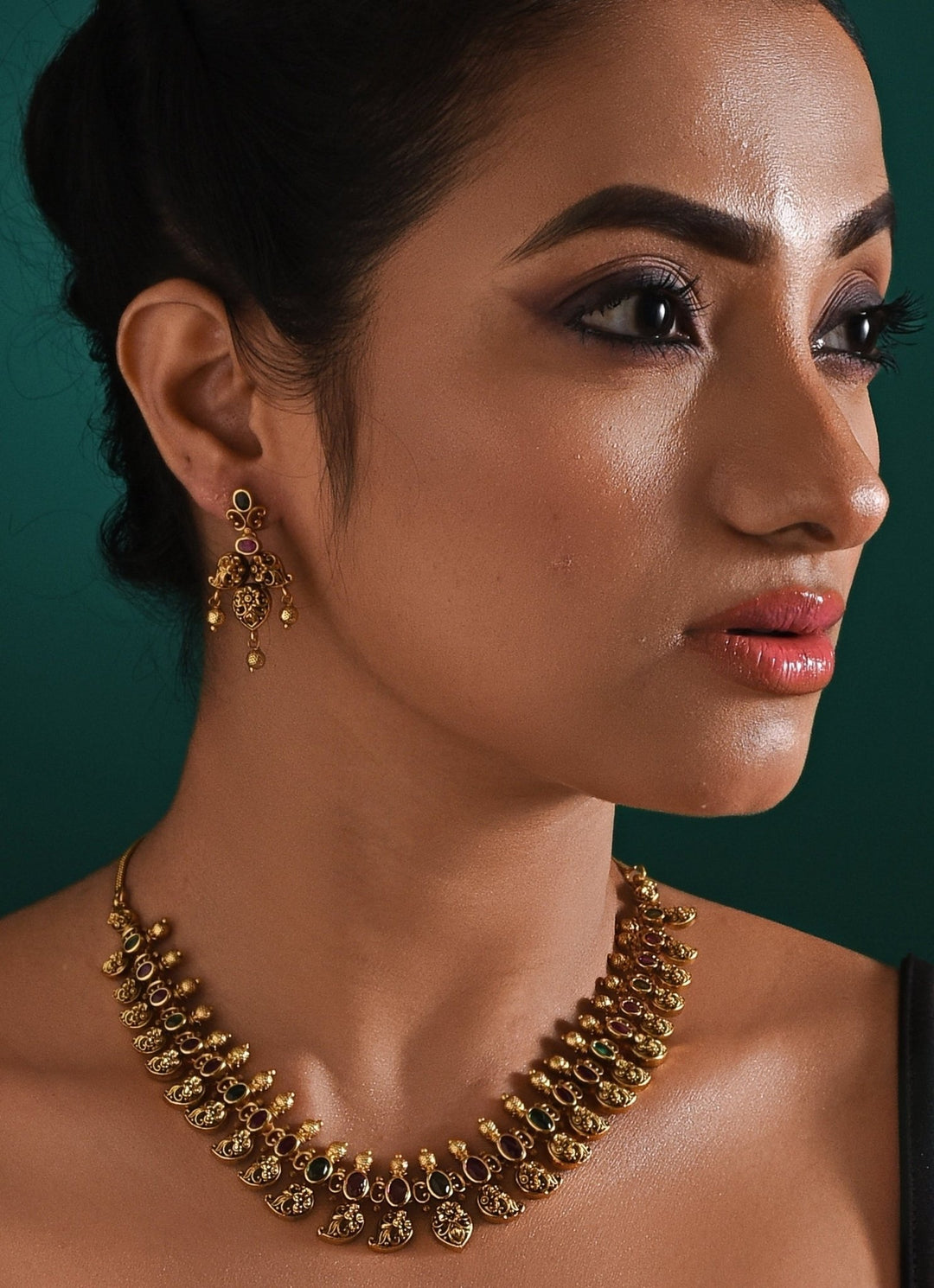 Antique Gold Plated And Multi Stone Temple Necklace Set Zaza By Somya - Fabilicious Fashion