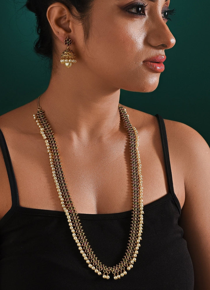 Antique Gold Plated And Pearl Drop Long Necklace Set Zaza By Somya - Fabilicious Fashion