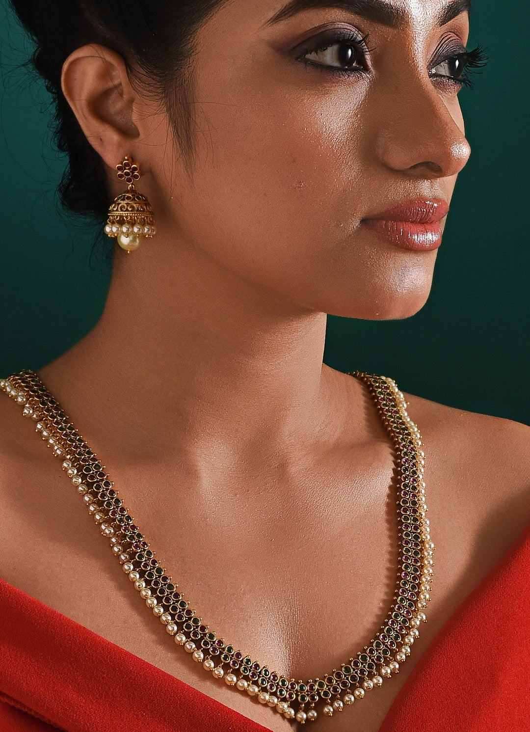Antique Gold Plated And Pearl Drop Long Necklace Set Zaza By Somya - Fabilicious Fashion